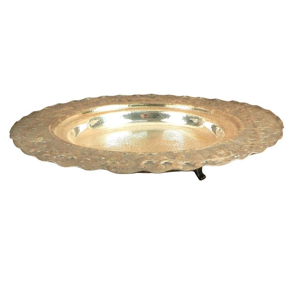 Round Serving Tray Silver Plated Footed Hammered Texture Finish 2 Recessed Areas - Picture 3 of 10